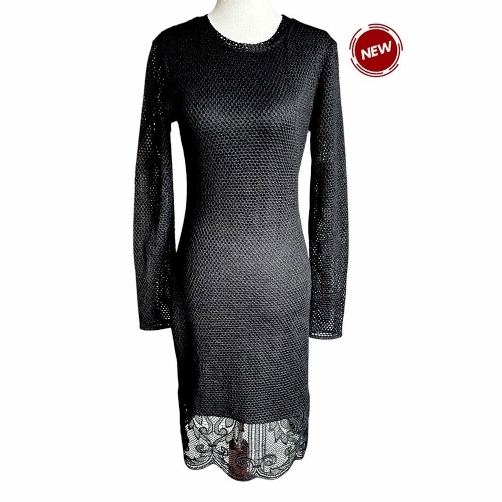 ZARA Black Mesh Lace Bodycon Long Sleeve Dress Medium Knee Length NWT | 24-19